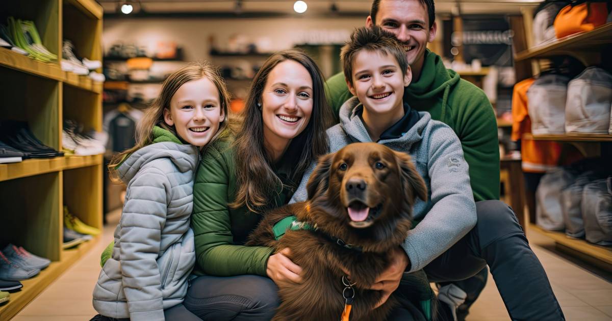 Gelukkige familie en hun mooie hond in een winkel