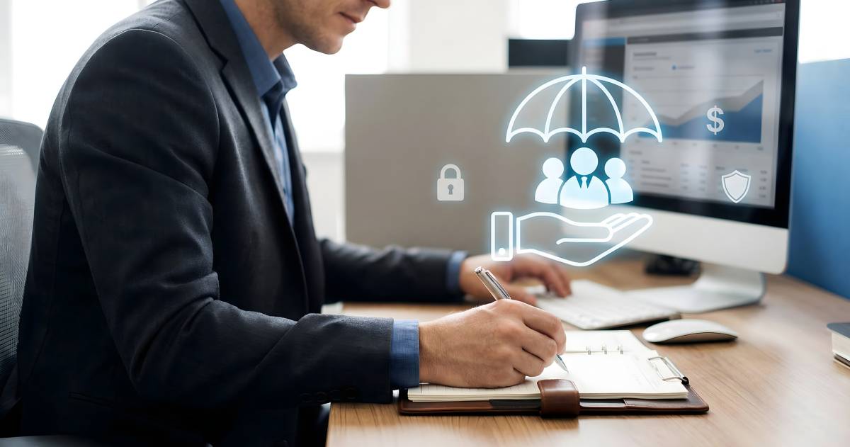 Ondernemer achter bureau met computer bekijkt verzekeringen