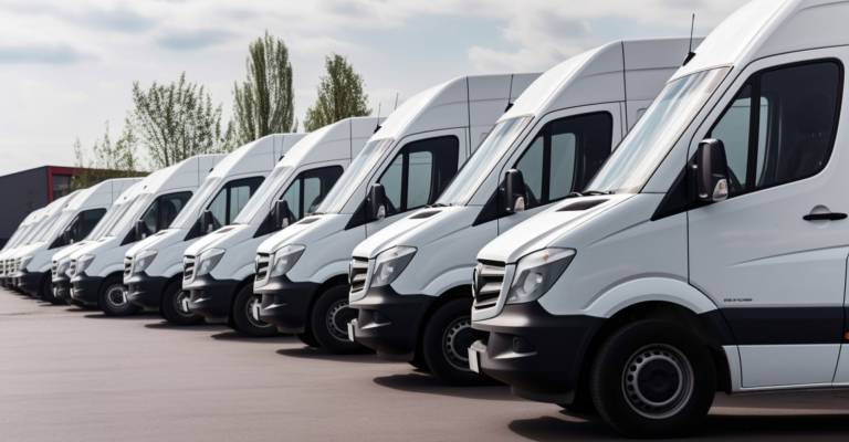 witte bestelwagens geparkeerd in rij.