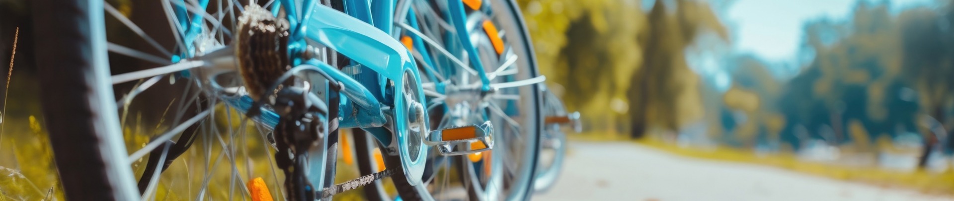 Een close-up van een blauwe fiets geparkeerd aan de kant van een weg.